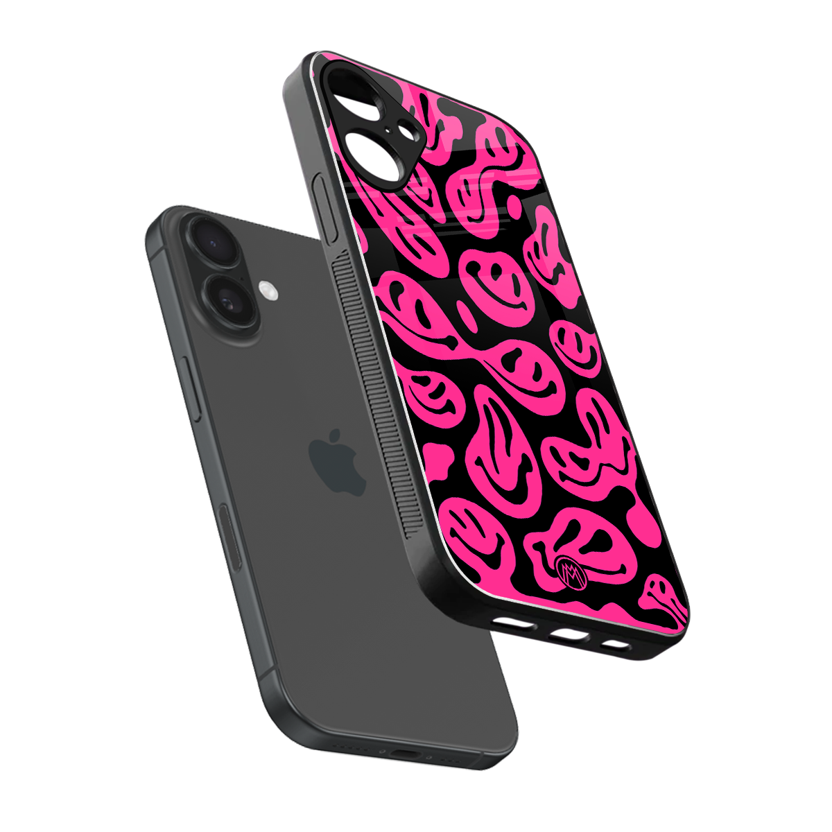 acid smiles black pink back phone cover | glass case for iphone 16 plus