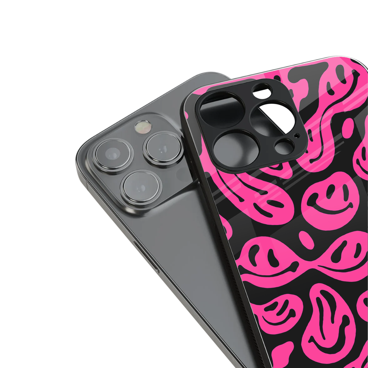 acid smiles black pink back phone cover | glass case for iphone 14 plus