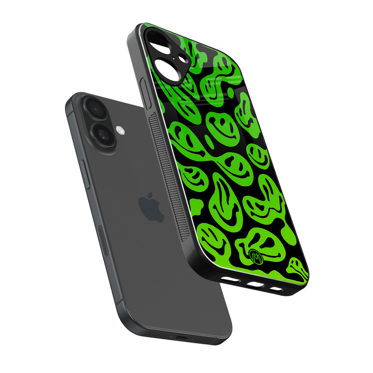 acid smiles neon green back phone cover | glass case for iphone 16 plus
