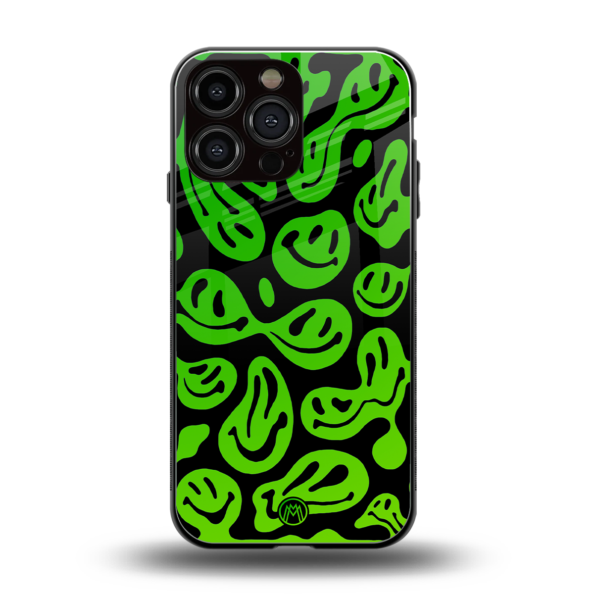 acid smiles neon green back phone cover | glass case for iphone 16 pro max