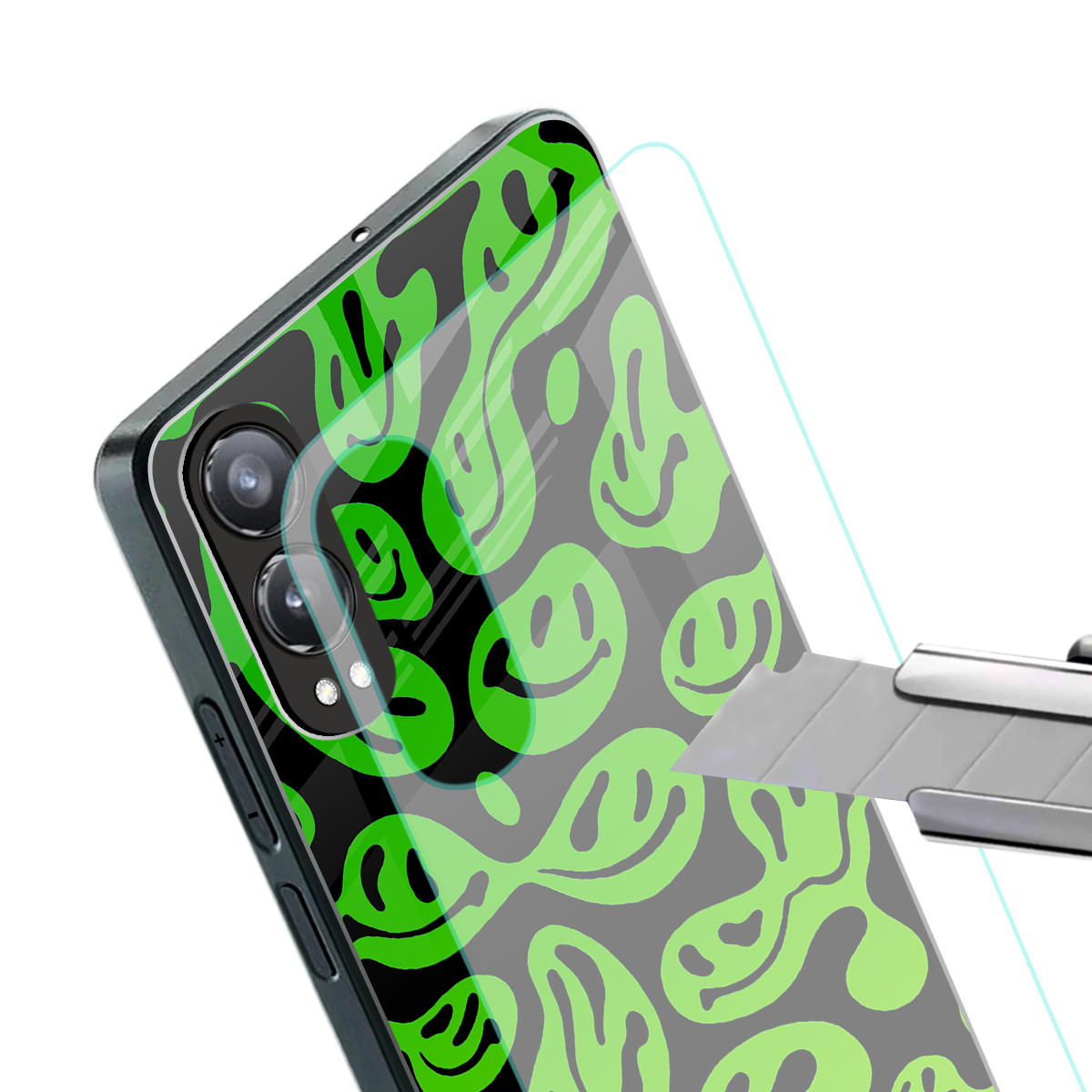 acid smiles neon green back phone cover | glass case for oneplus nord ce 4 lite