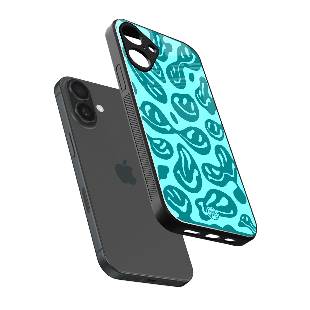 acid smiles turquoise edition back phone cover | glass case for iphone 16 plus