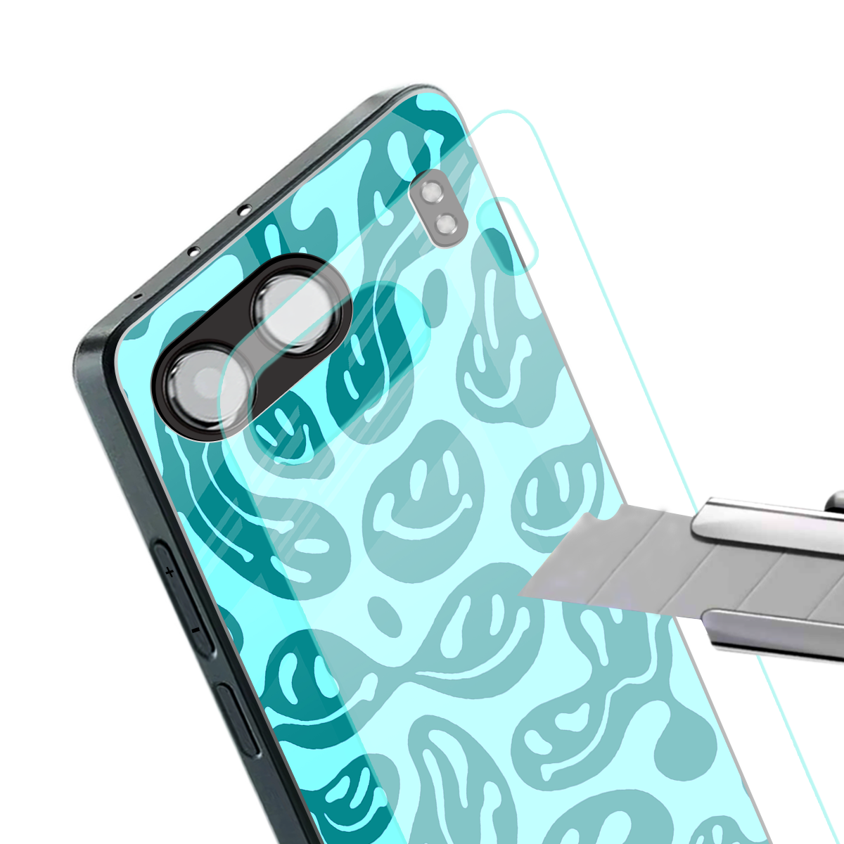 acid smiles turquoise edition back phone cover | glass case for oneplus nord 4