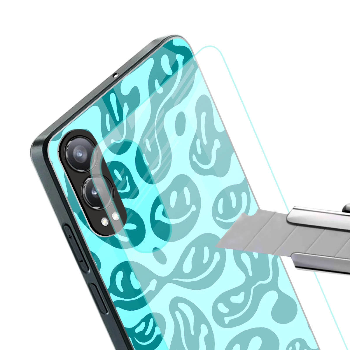 acid smiles turquoise edition back phone cover | glass case for oneplus nord ce 4 lite