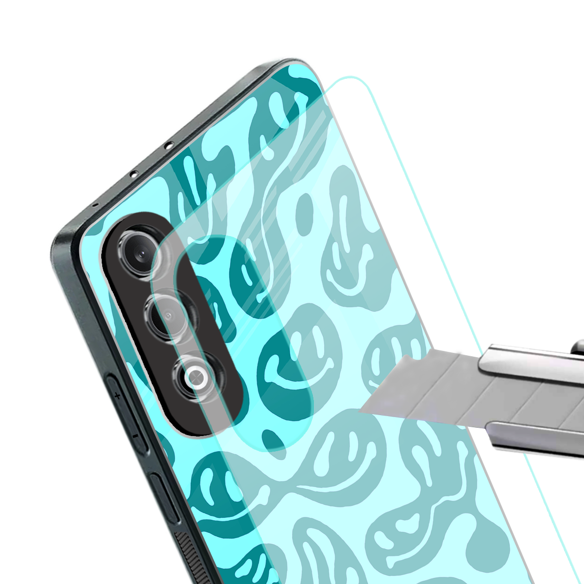 acid smiles turquoise edition back phone cover | glass case for oneplus nord ce 4
