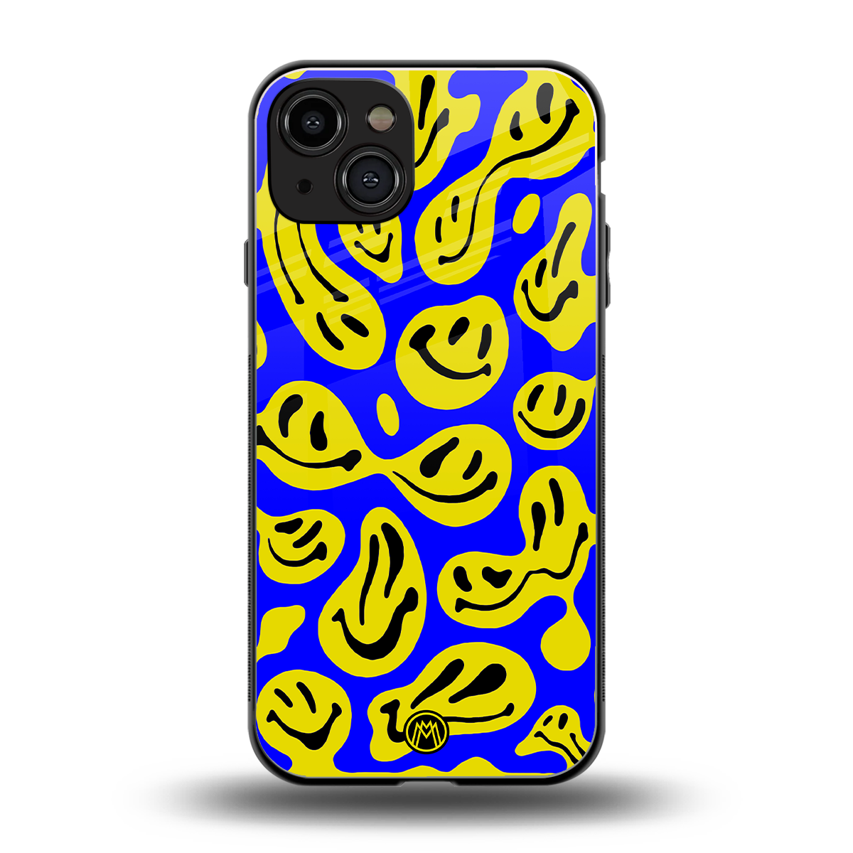 acid smiles yellow blue back phone cover | glass case for iphone 14