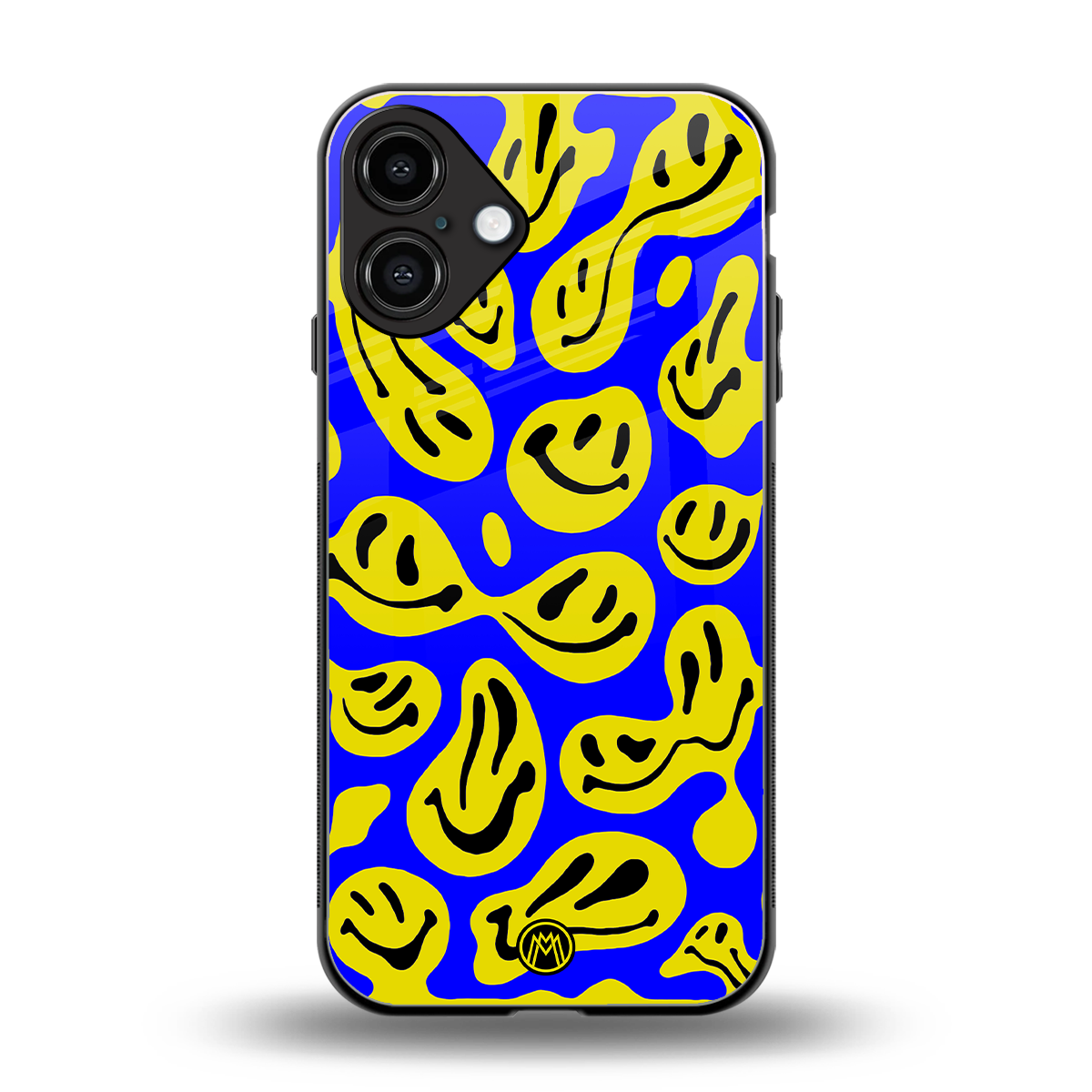 acid smiles yellow blue back phone cover | glass case for iphone 16 plus