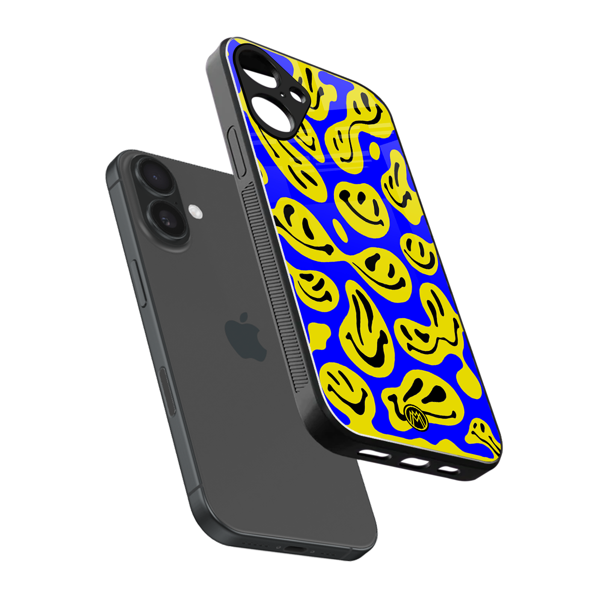 acid smiles yellow blue back phone cover | glass case for iphone 16 plus