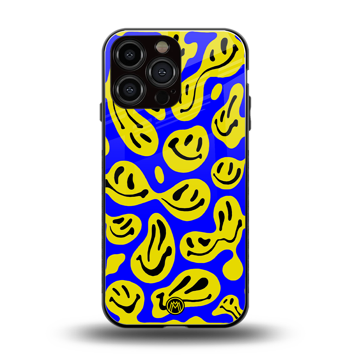 acid smiles yellow blue back phone cover | glass case for iphone 16 pro max