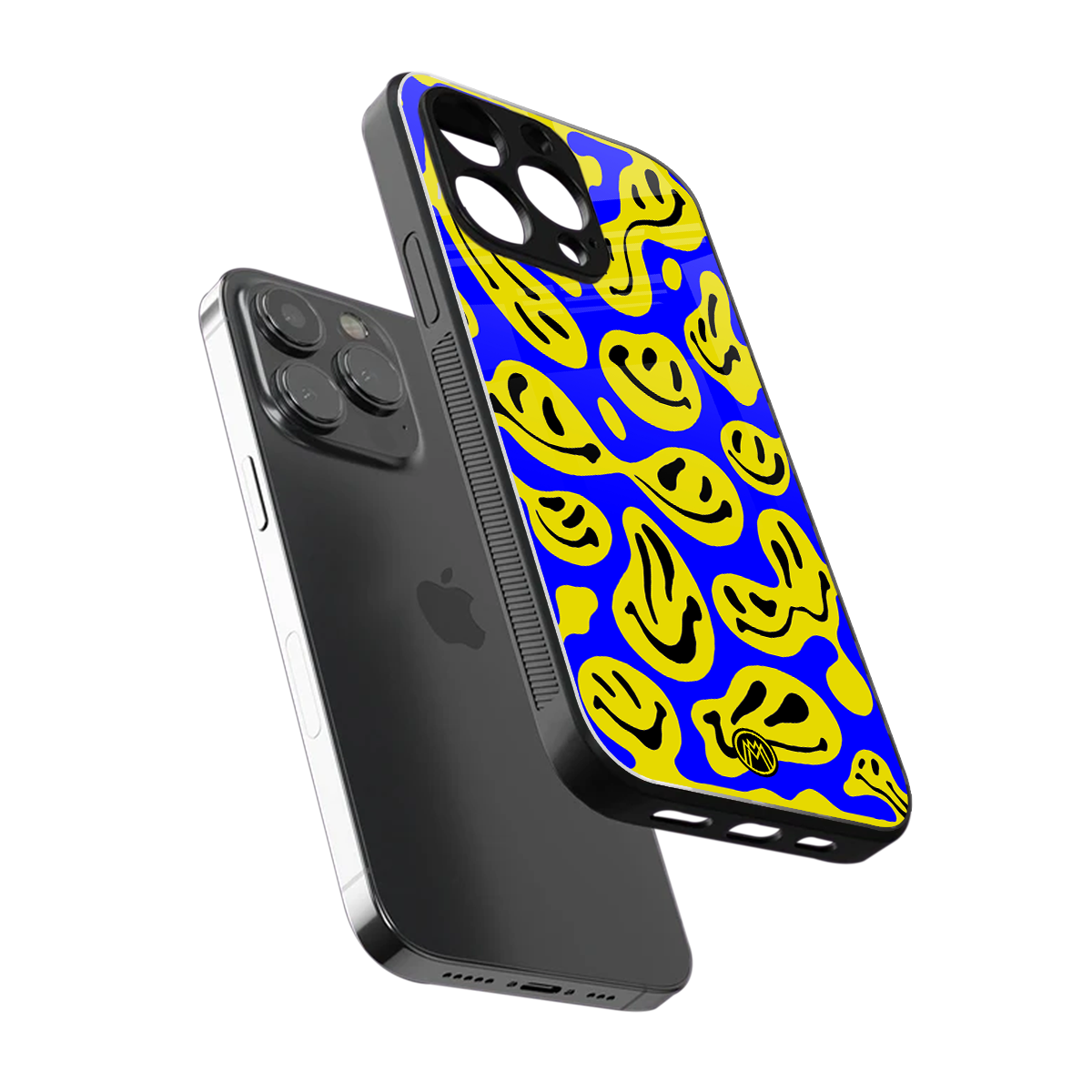 acid smiles yellow blue back phone cover | glass case for iphone 16 pro max
