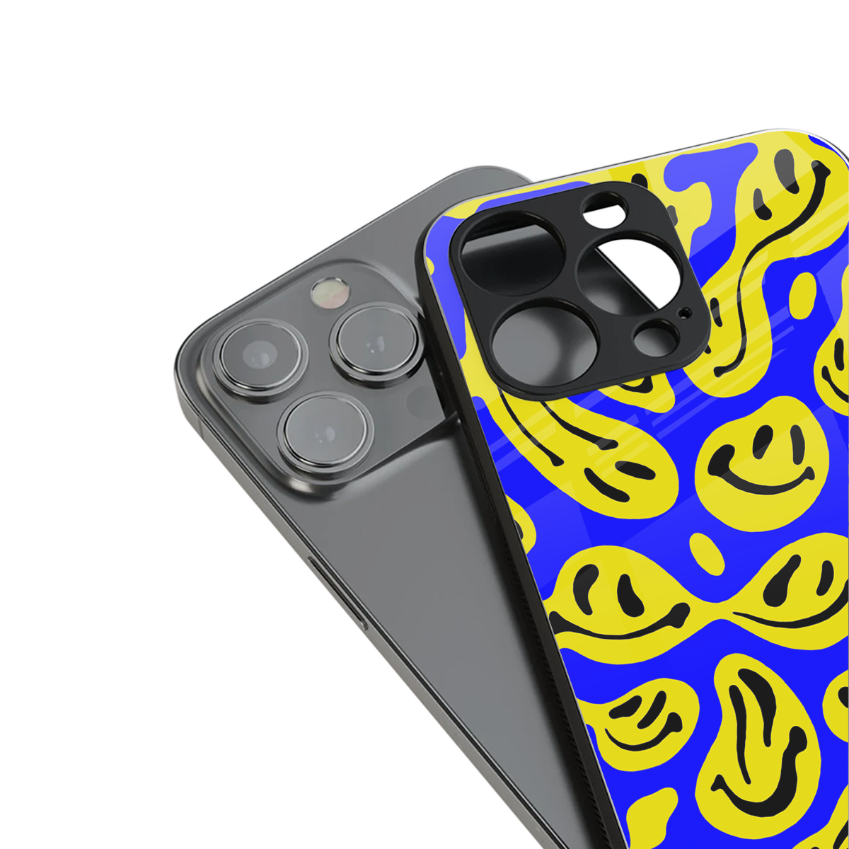acid smiles yellow blue back phone cover | glass case for iphone 14 pro