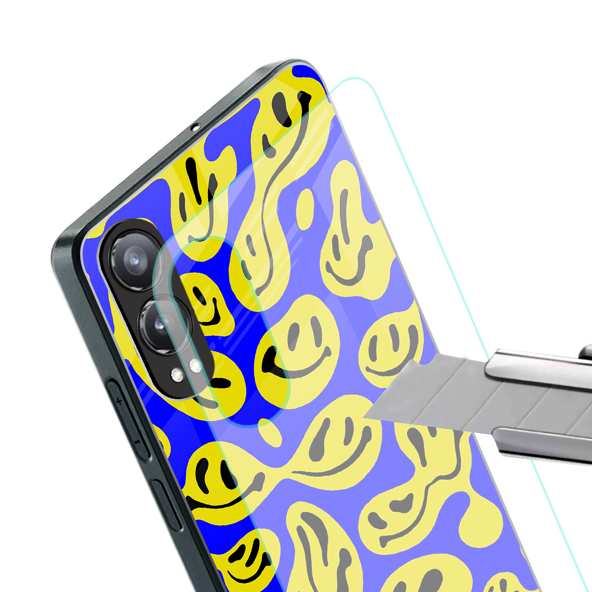 acid smiles yellow blue back phone cover | glass case for oneplus nord ce 4 lite