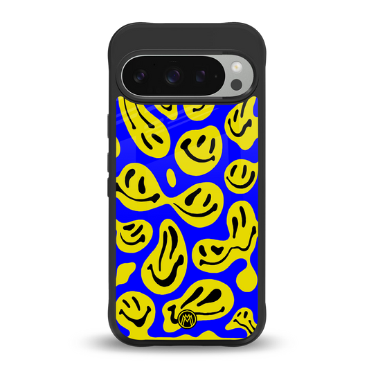 acid smiles yellow blue back phone cover | glass case for google pixel 9 pro