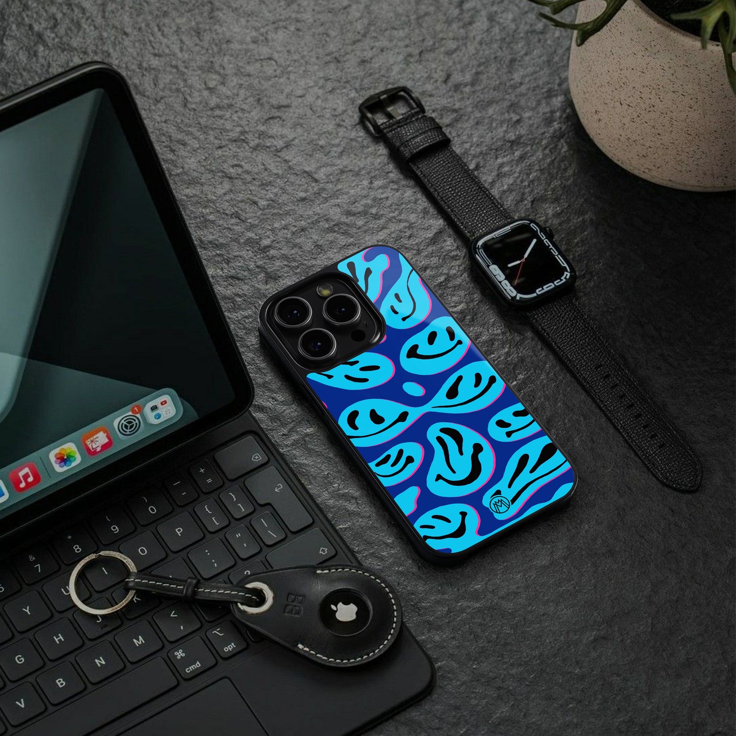 acid smiles blueberry edition back phone cover | glass case for iphone 16 pro max
