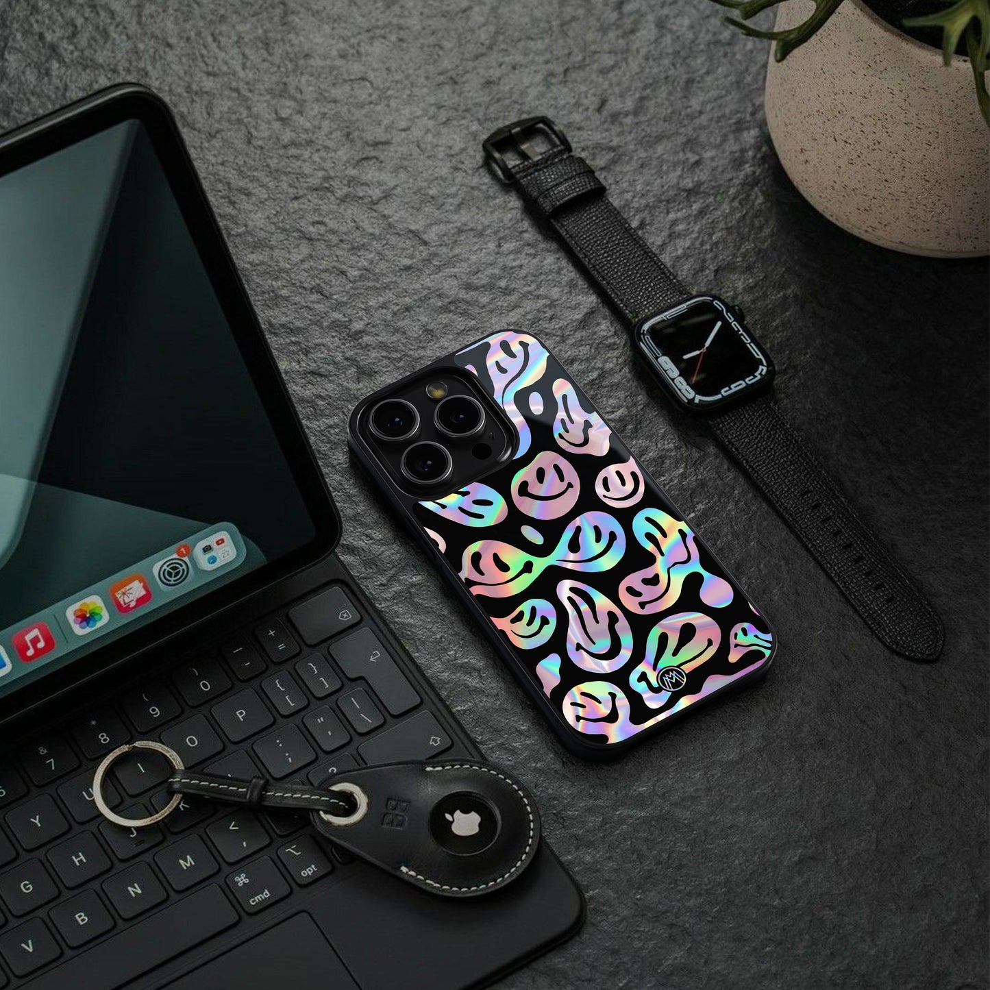 acid smiles chromatic edition back phone cover | glass case for iphone 15 plus