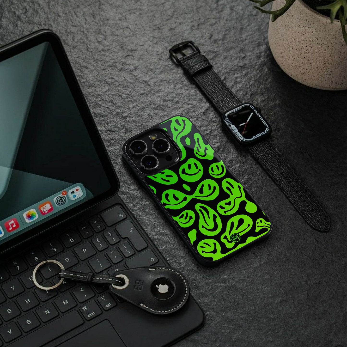 acid smiles neon green back phone cover | glass case for iphone 16 pro max