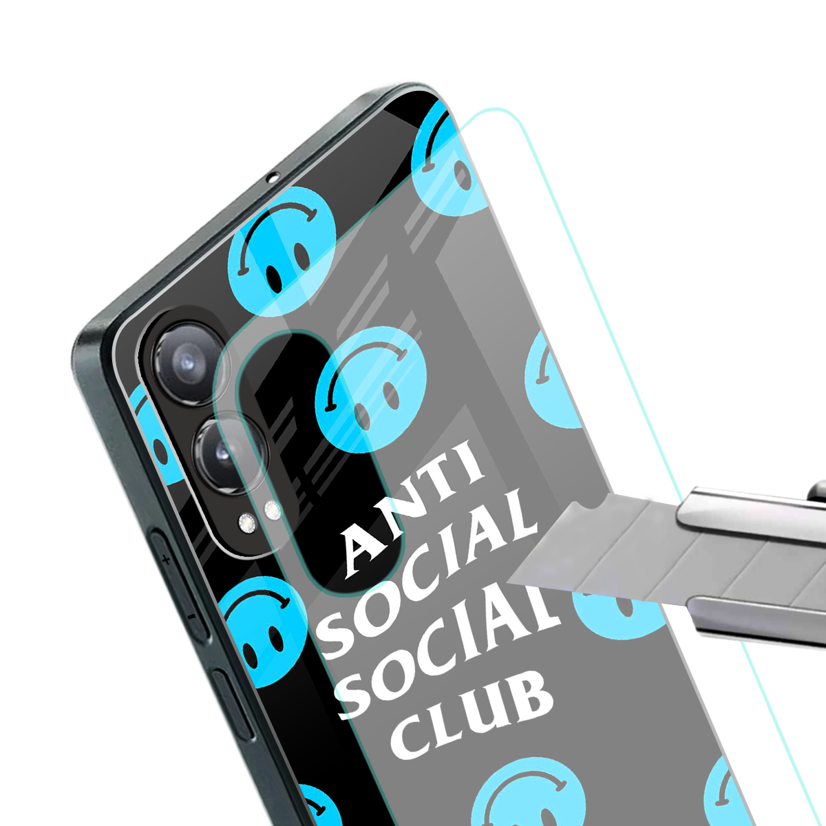 anti social social club x smileys back phone cover | glass case for oneplus nord ce 4 lite