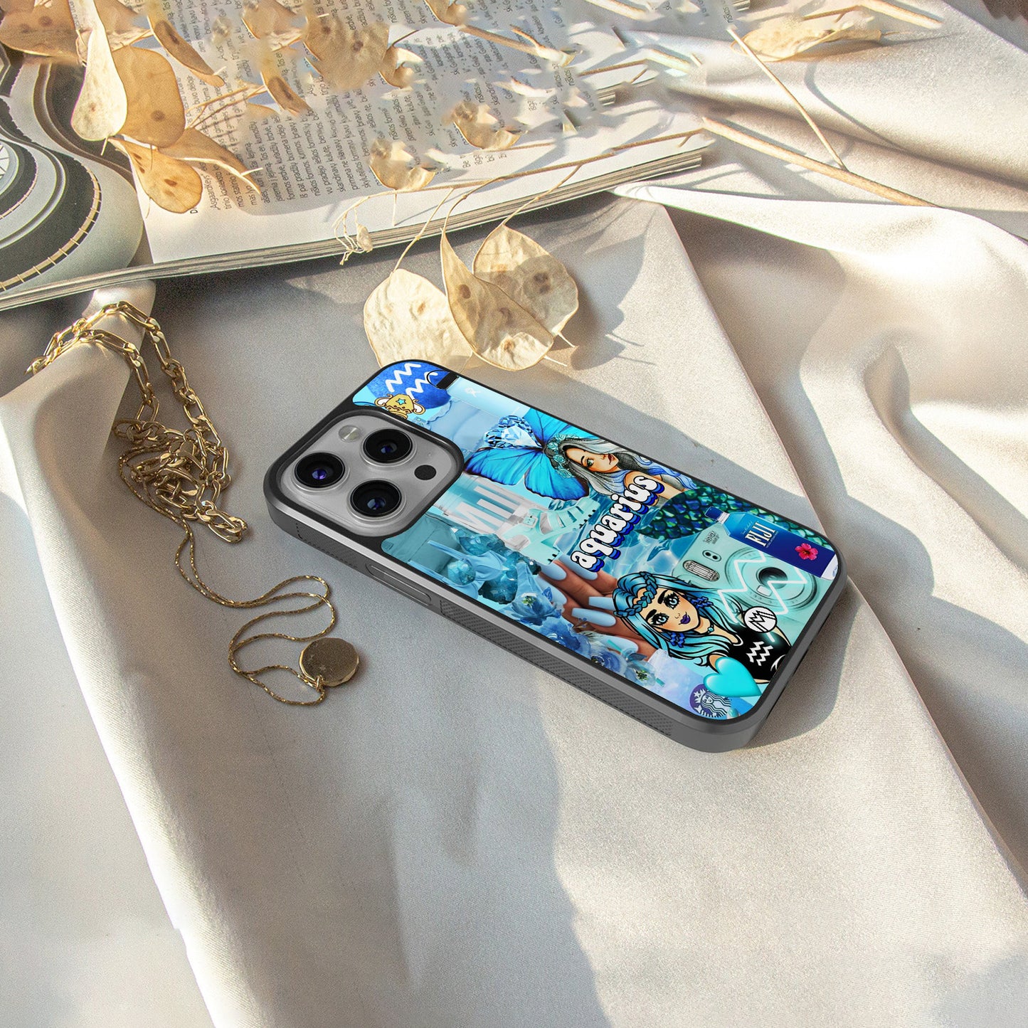aquarius aesthetic collage back phone cover | glass case for iphone 16 pro max