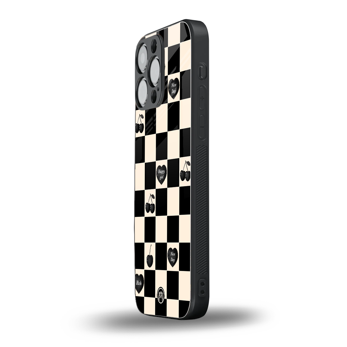 black cherries check pattern back phone cover | glass case for iphone 14 pro max