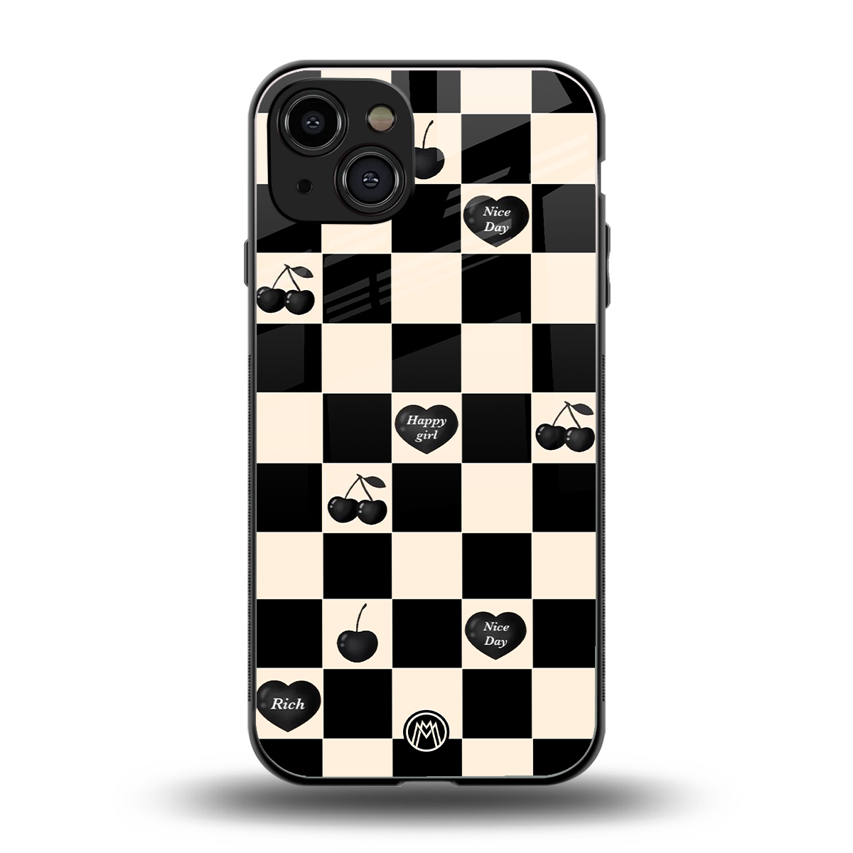 black cherries check pattern back phone cover | glass case for iphone 15