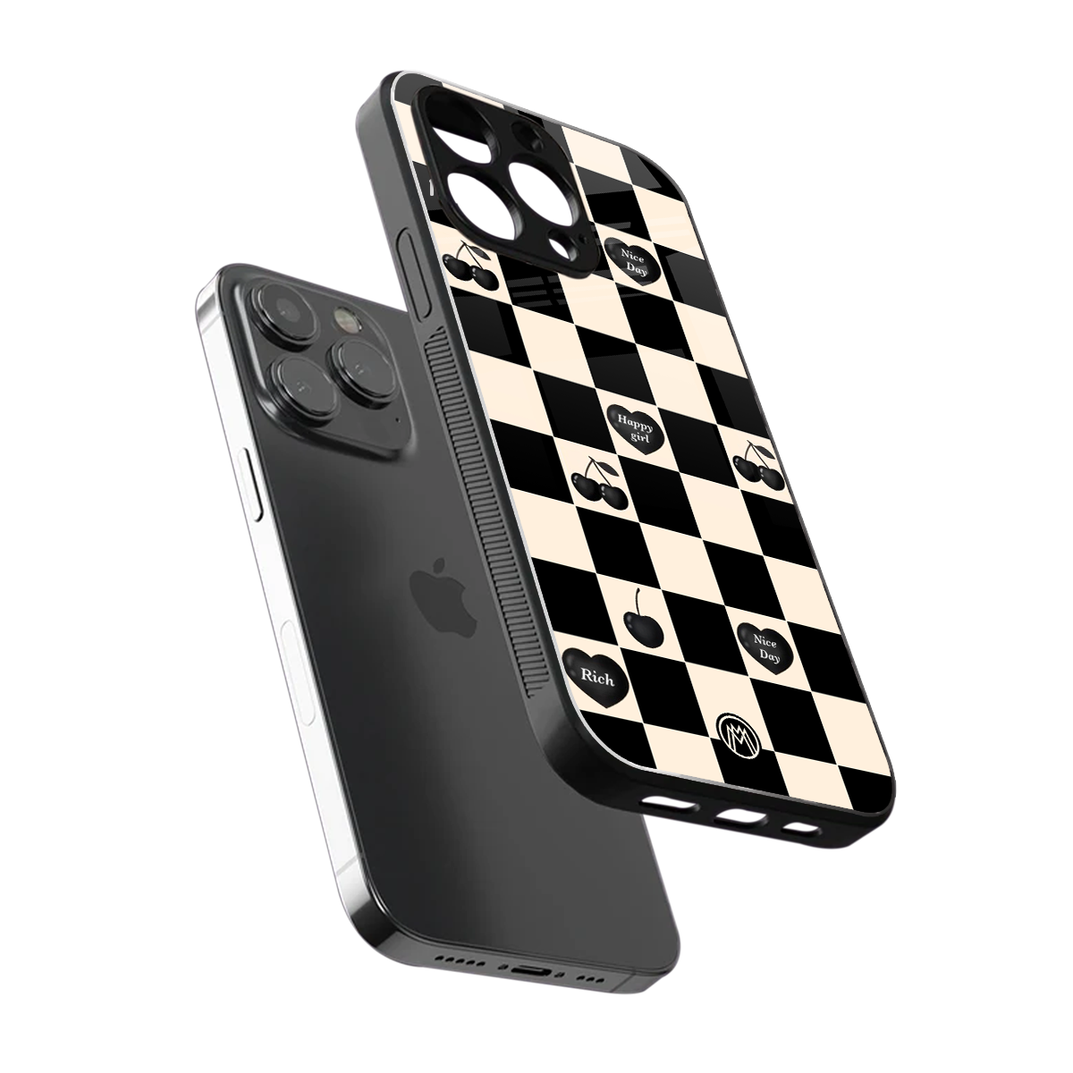 black cherries check pattern back phone cover | glass case for iphone 14 pro