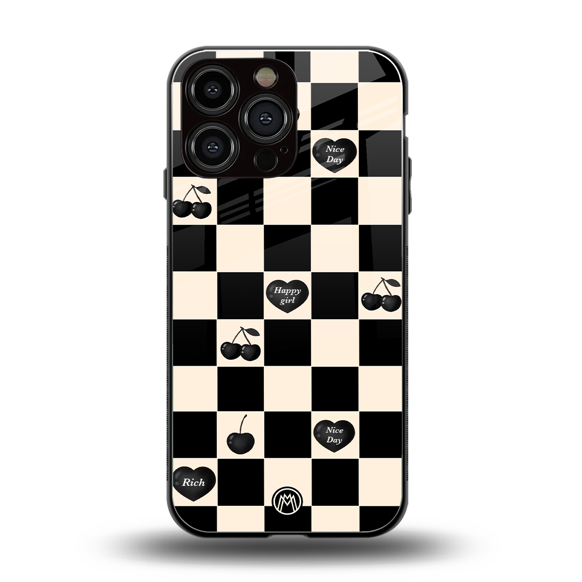black cherries check pattern back phone cover | glass case for iphone 16 pro max