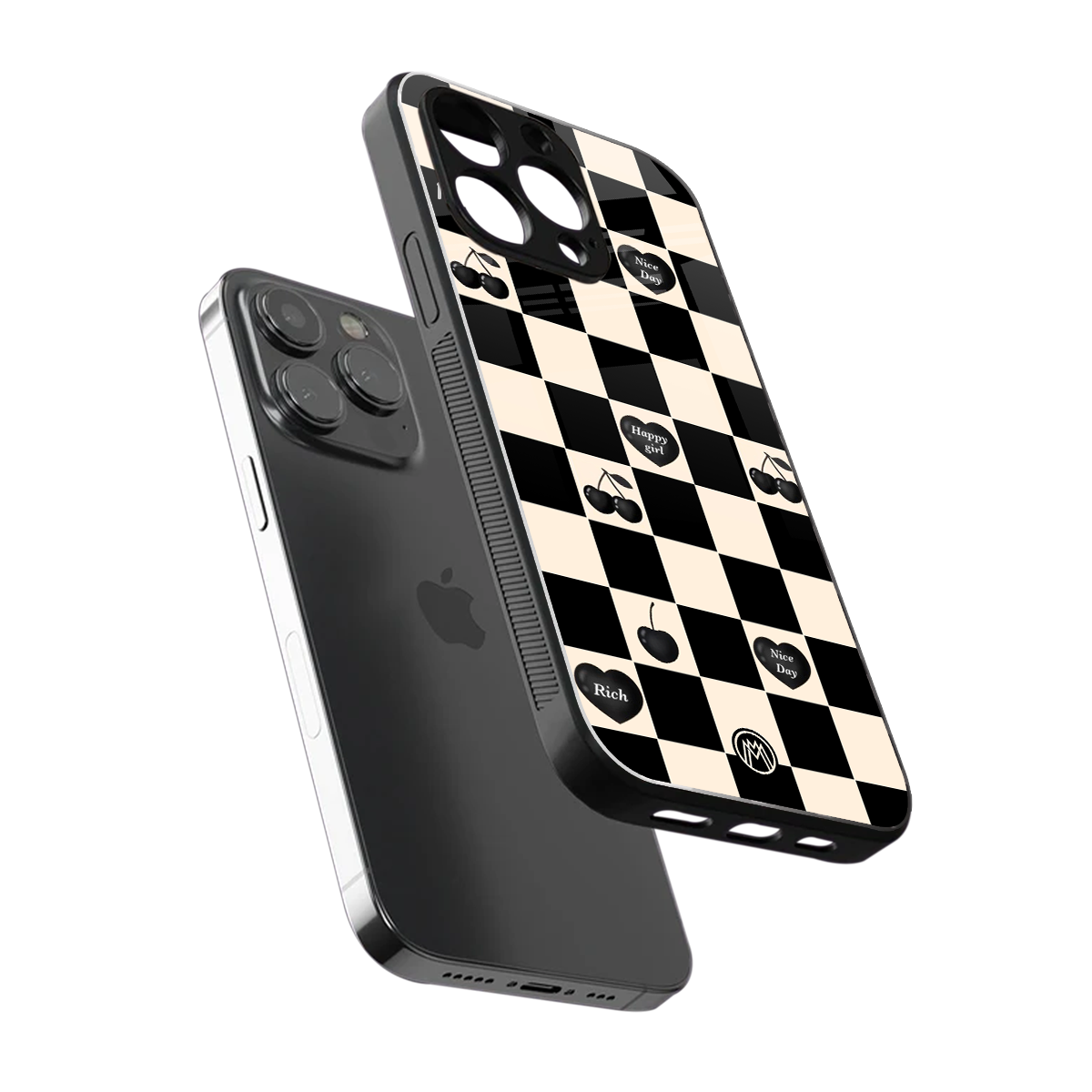 black cherries check pattern back phone cover | glass case for iphone 16 pro max