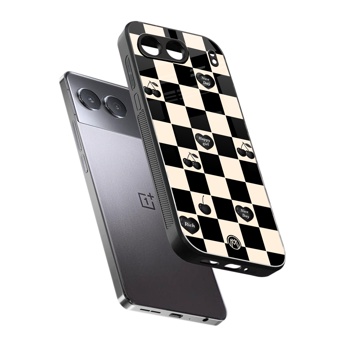 black cherries check pattern back phone cover | glass case for oneplus nord 4