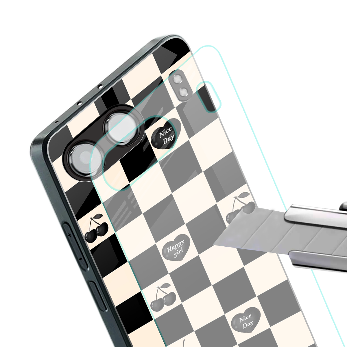 black cherries check pattern back phone cover | glass case for oneplus nord 4