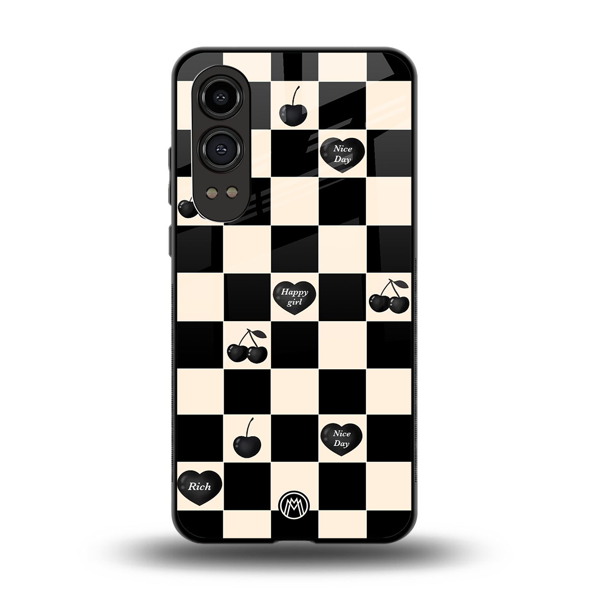 black cherries check pattern back phone cover | glass case for oneplus nord ce 4 lite
