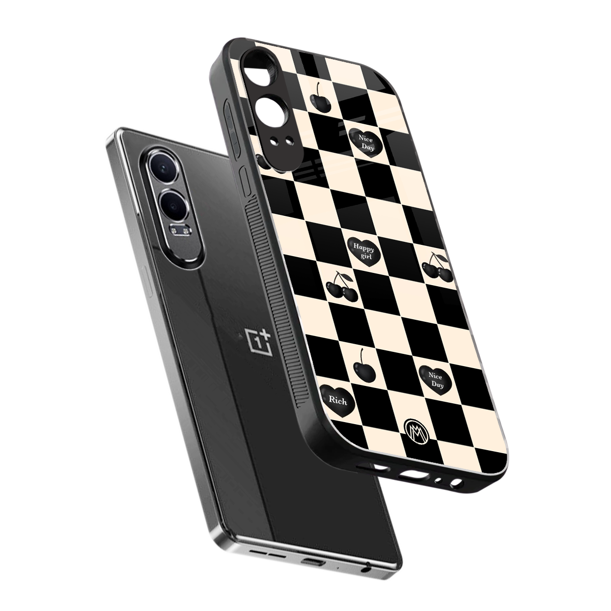 black cherries check pattern back phone cover | glass case for oneplus nord ce 4 lite