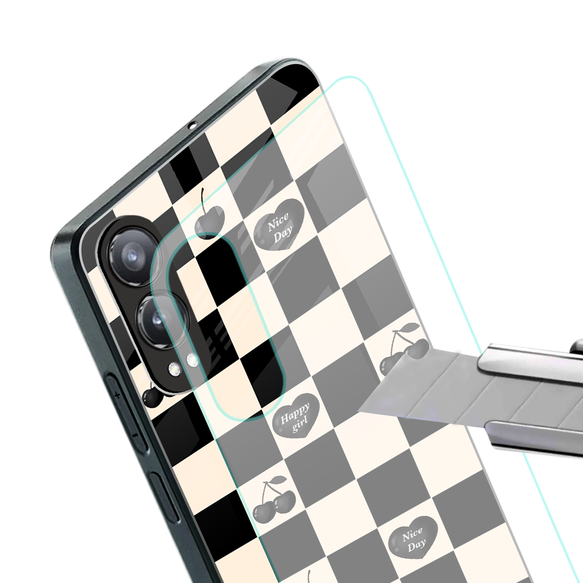 black cherries check pattern back phone cover | glass case for oneplus nord ce 4 lite