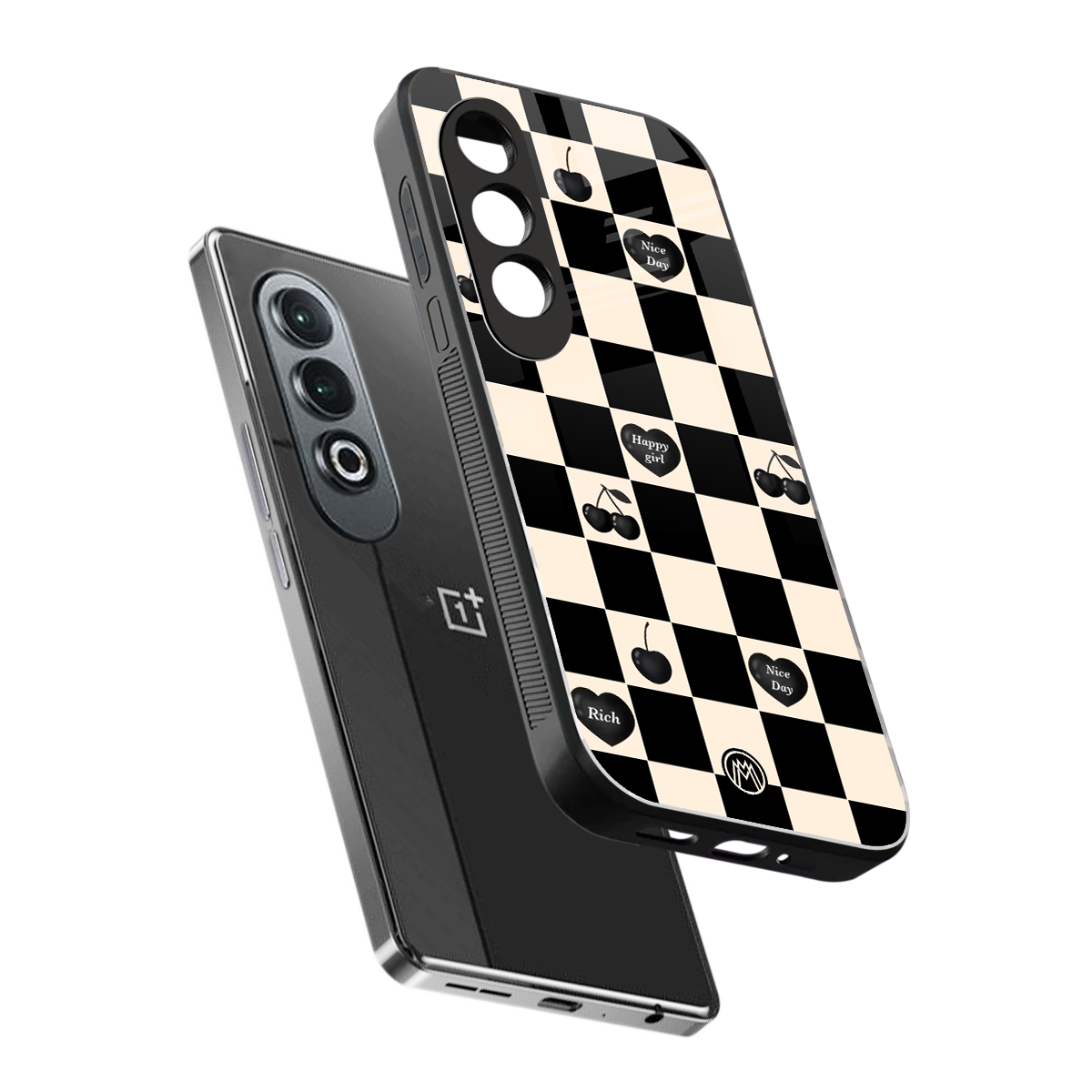 black cherries check pattern back phone cover | glass case for oneplus nord ce 4