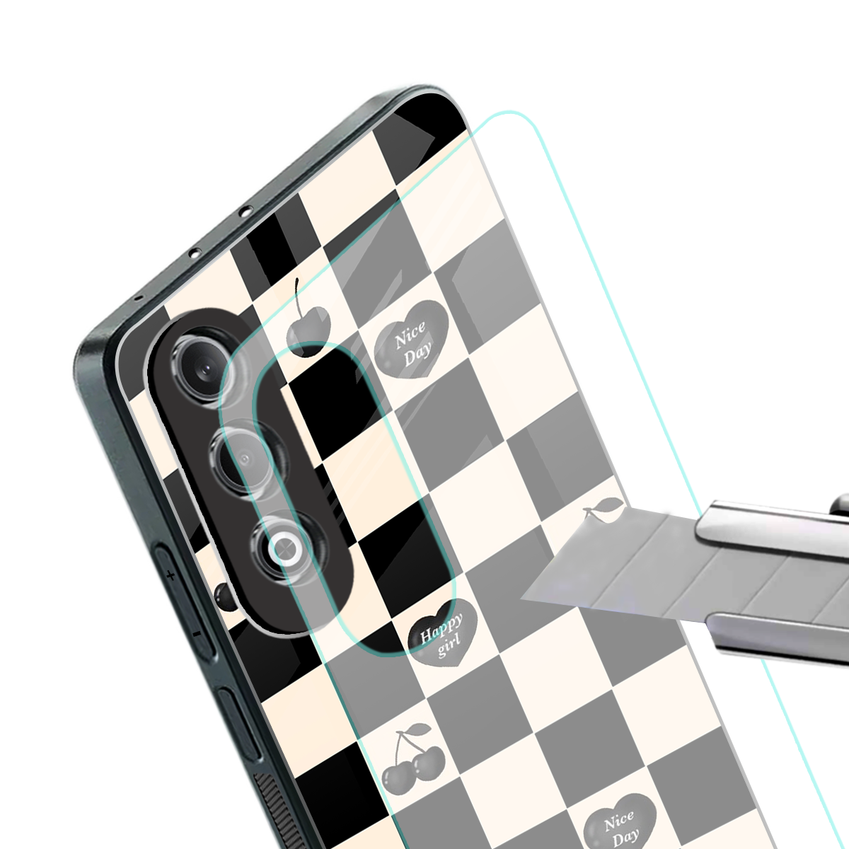 black cherries check pattern back phone cover | glass case for oneplus nord ce 4
