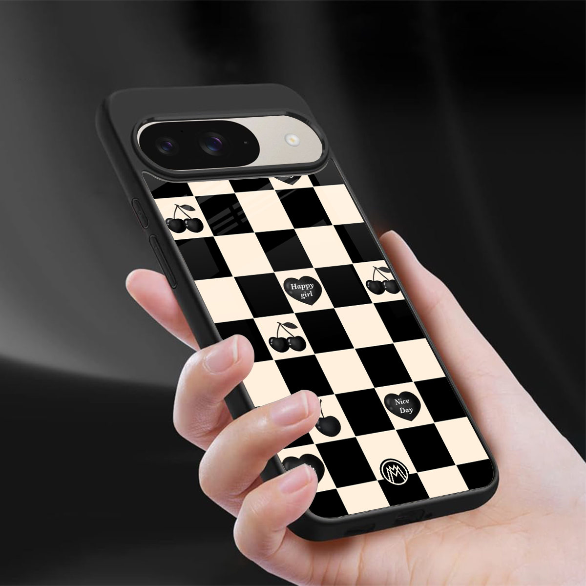 black cherries check pattern back phone cover | glass case for google pixel 9