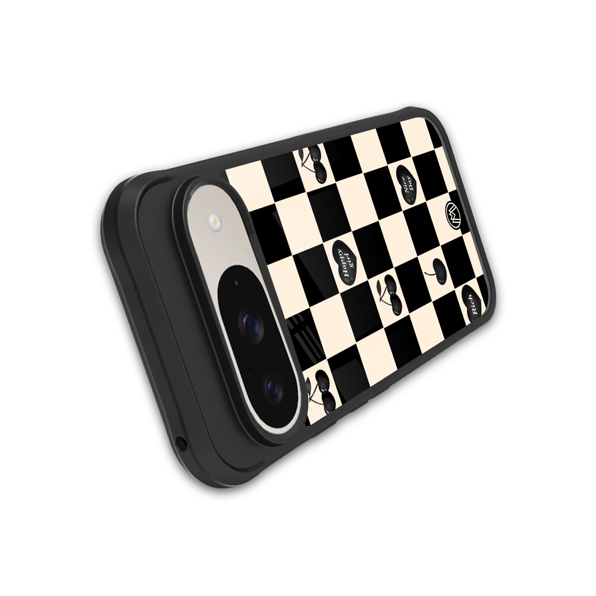 black cherries check pattern back phone cover | glass case for google pixel 9