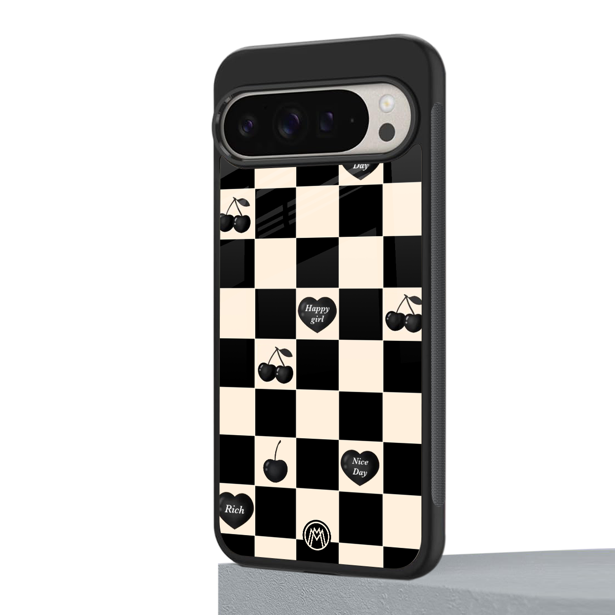 black cherries check pattern back phone cover | glass case for google pixel 9 pro