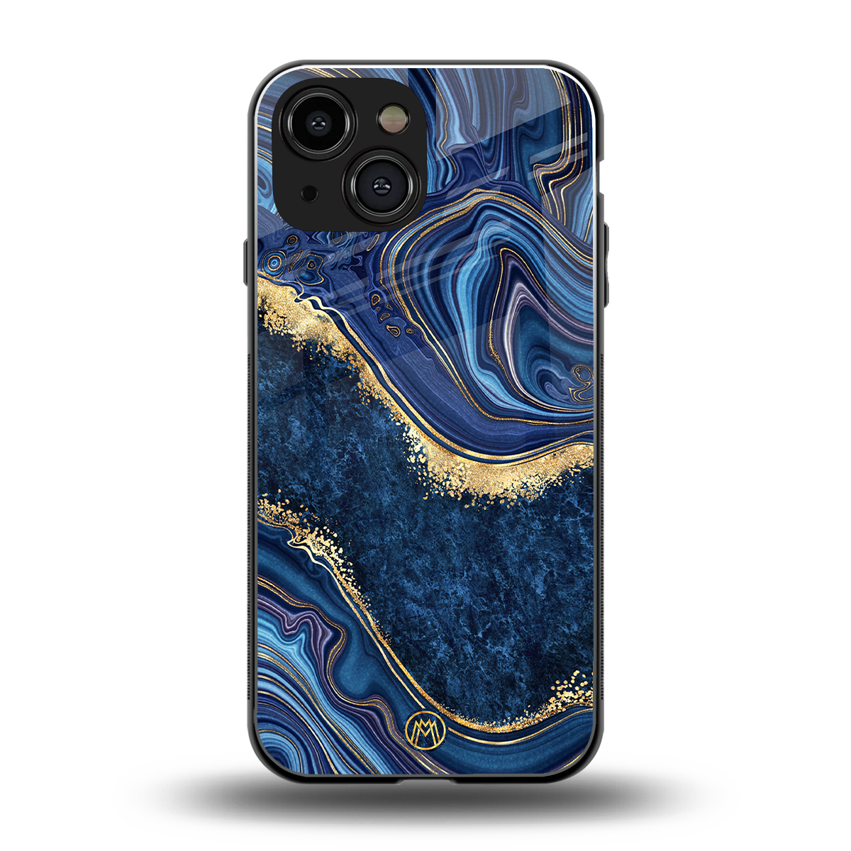 blue gold liquid marble back phone cover | glass case for iphone 13 mini
