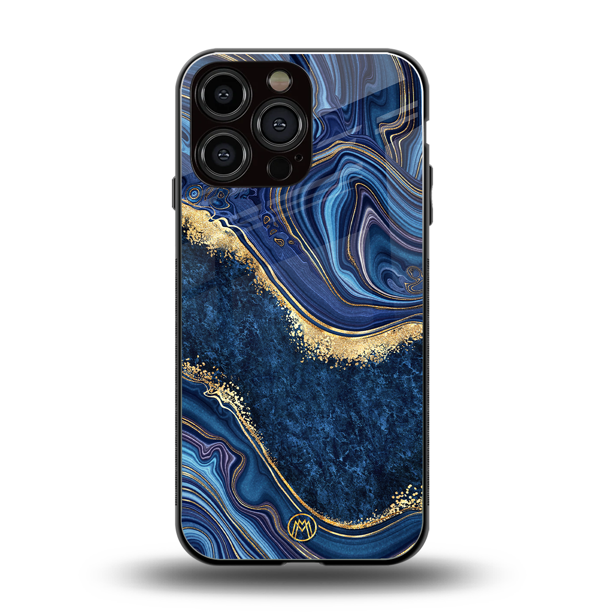 blue gold liquid marble back phone cover | glass case for iphone 16 pro max