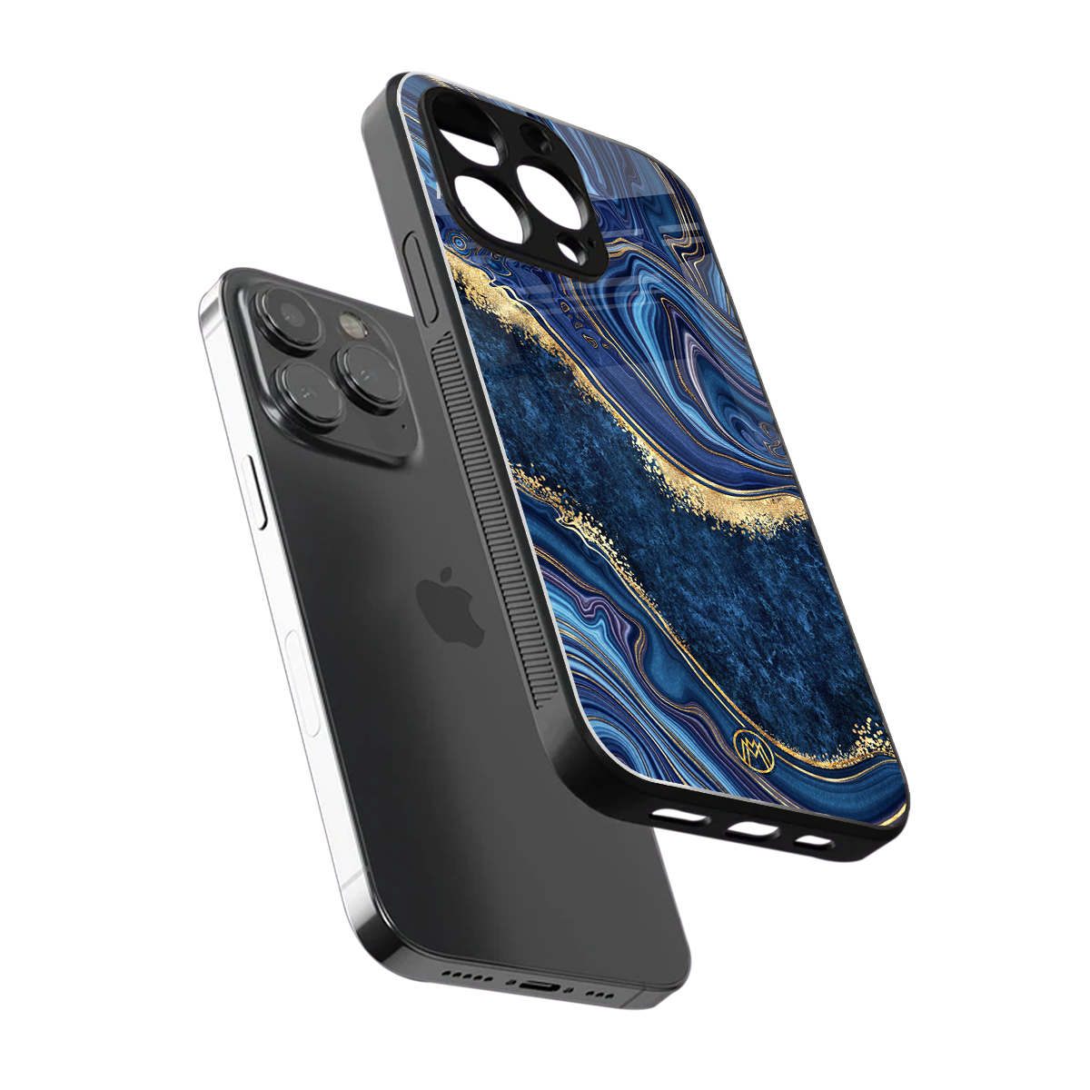 blue gold liquid marble back phone cover | glass case for iphone 16 pro max
