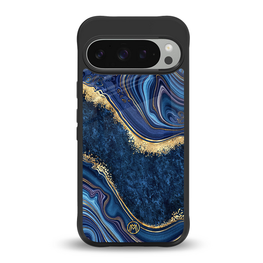 blue gold liquid marble back phone cover | glass case for google pixel 9 pro