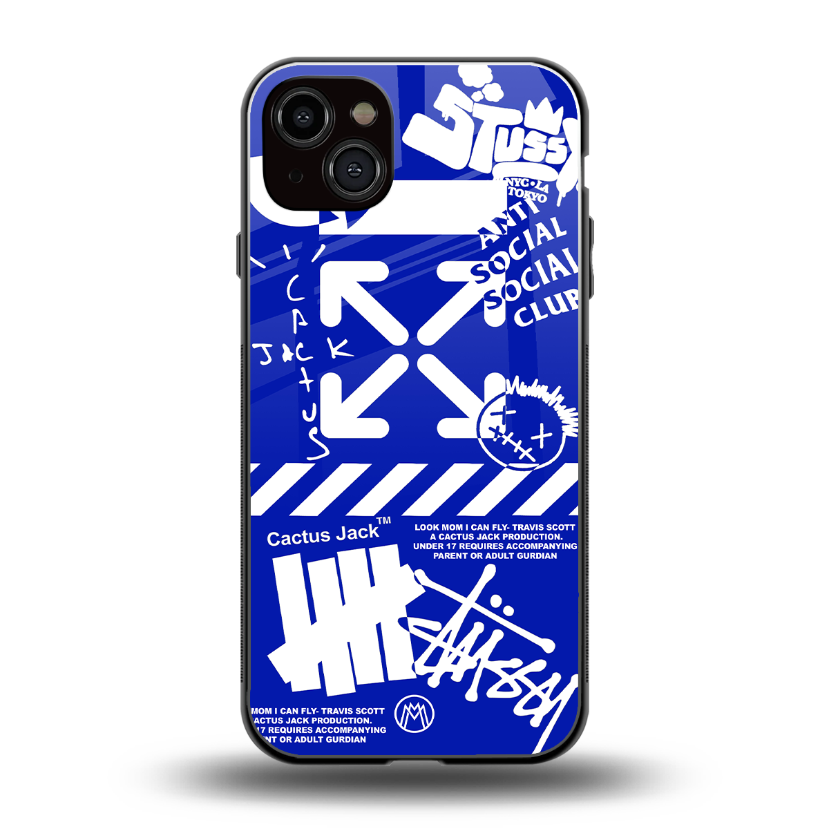 blue travis scott x anti social social club back phone cover | glass case for iphone 15 plus