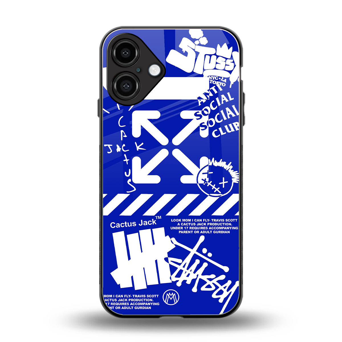 blue travis scott x anti social social club back phone cover | glass case for iphone 16 plus
