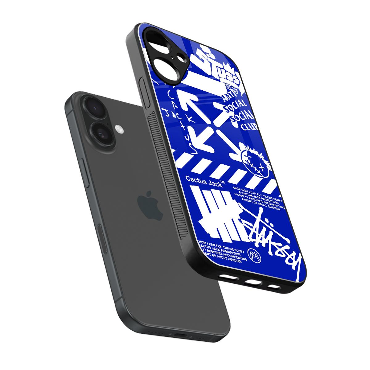 blue travis scott x anti social social club back phone cover | glass case for iphone 16 plus