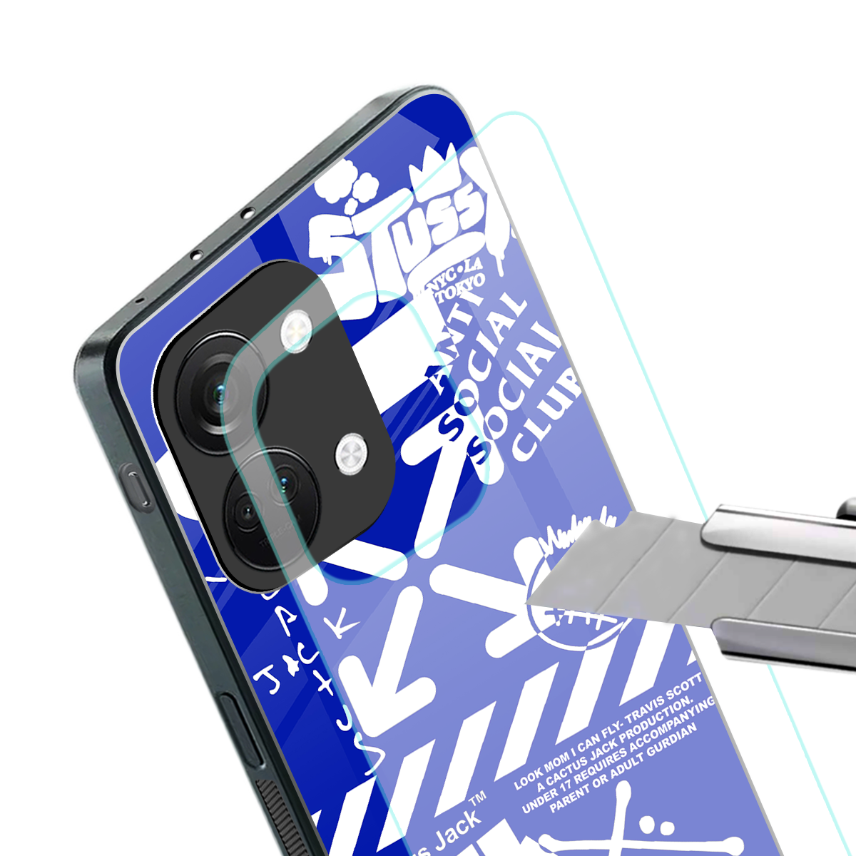 blue travis scott x anti social social club back phone cover | glass case for oneplus nord 3