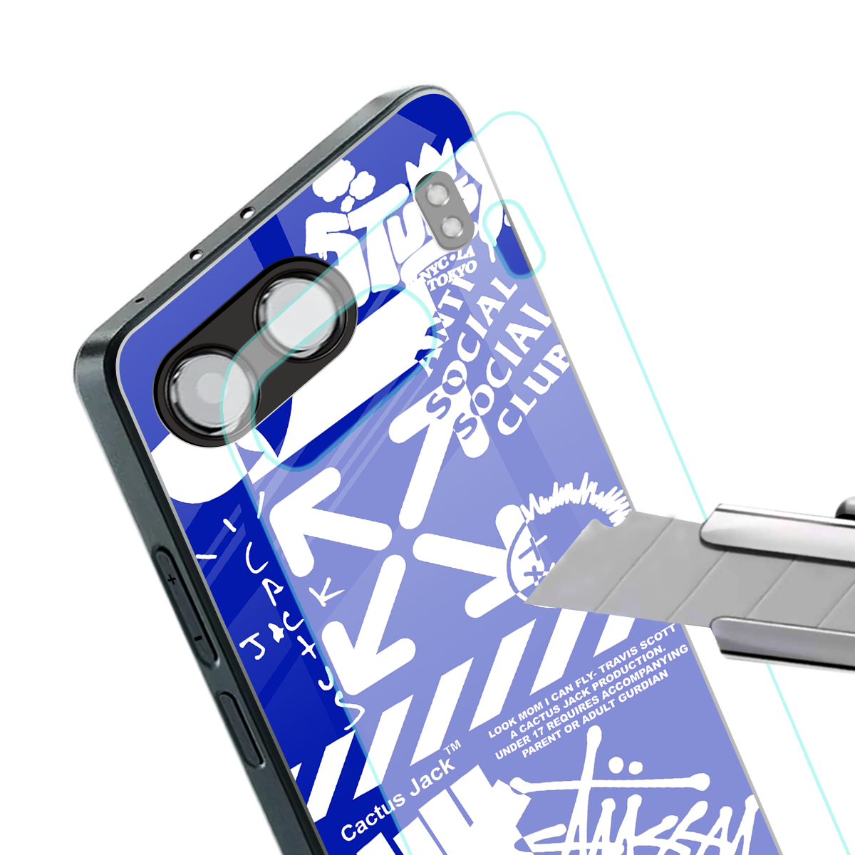 blue travis scott x anti social social club back phone cover | glass case for oneplus nord 4