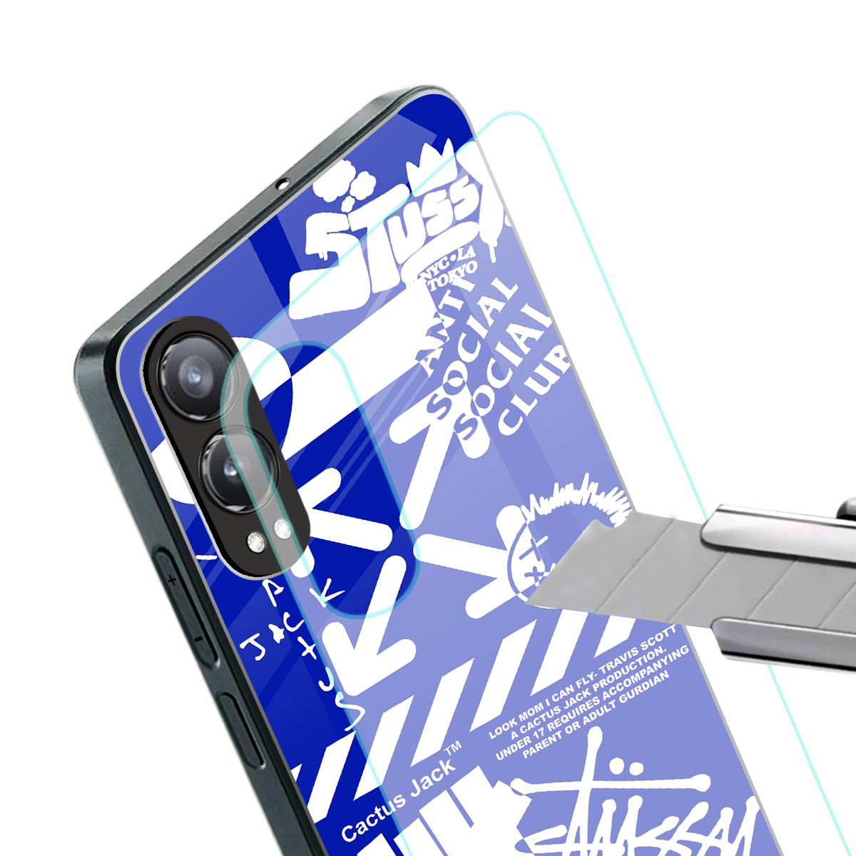 blue travis scott x anti social social club back phone cover | glass case for oneplus nord ce 4 lite