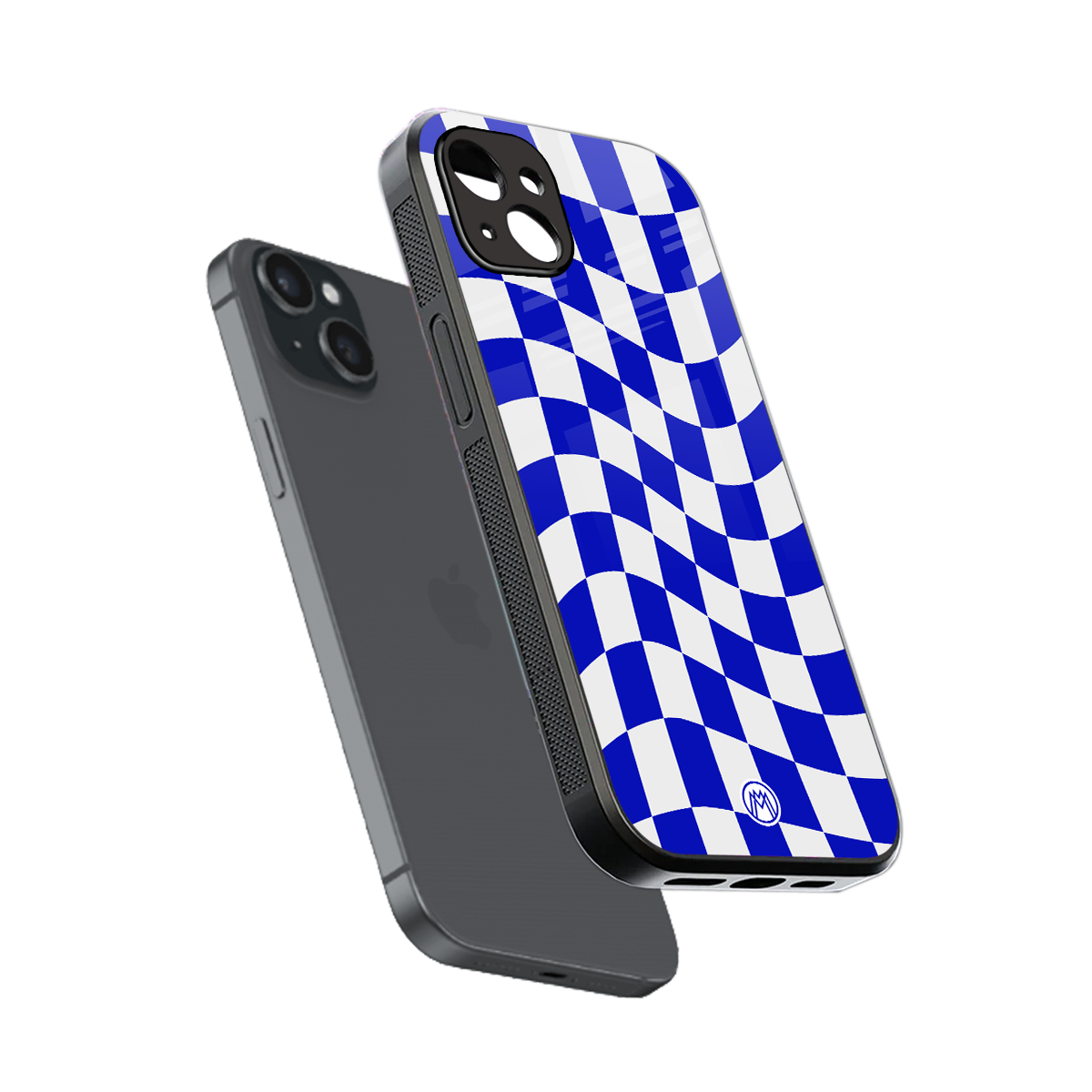 blue white trippy check pattern back phone cover | glass case for iphone 14 plus