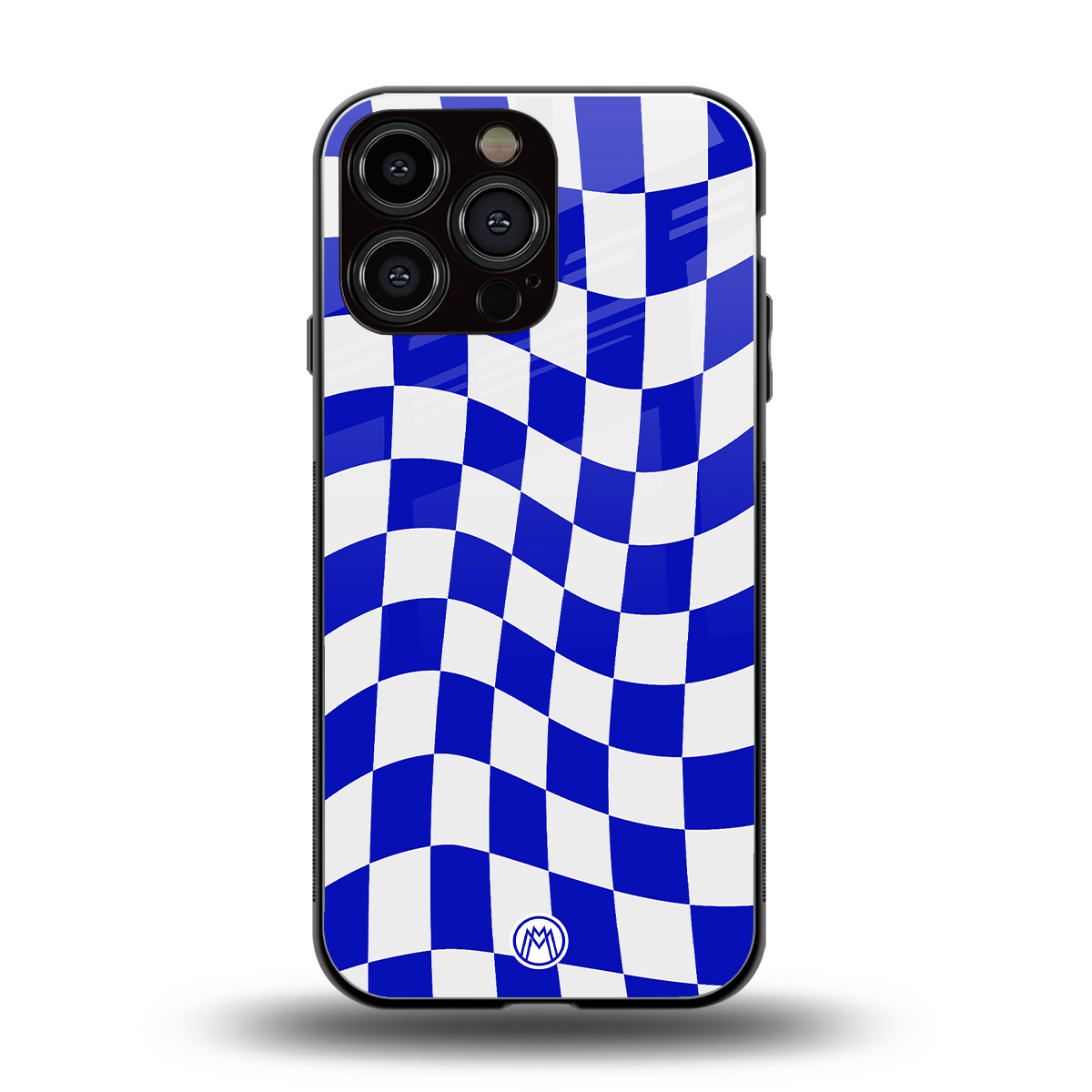 blue white trippy check pattern back phone cover | glass case for iphone 16 pro max