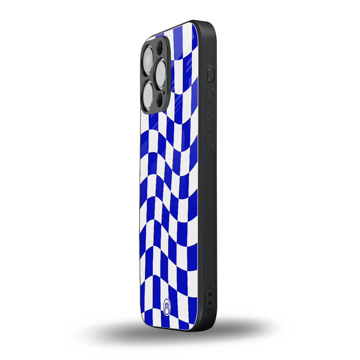 blue white trippy check pattern back phone cover | glass case for iphone 16 pro max